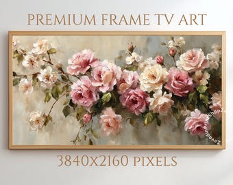 Cuadro decorativo de rosas rosadas para televisión, pintura floral romántica, estilo botánico vintage (descarga digital)