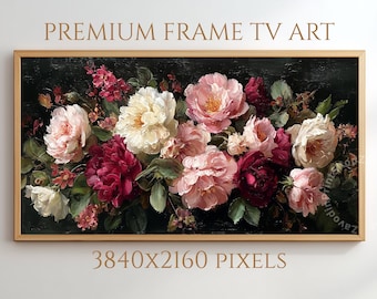 Cuadro al óleo floral oscuro para TV, diseño de flores vintage románticas (descarga digital)