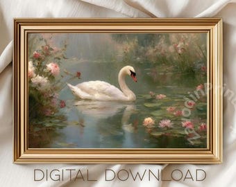 Cuadro vintage del Lago de los Cisnes, pintura romántica (descarga digital)