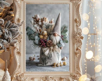 May include: A framed Christmas gnome display. The frame is ornate, cream-colored, and surrounds a festive arrangement. The arrangement includes a gnome figure, pine cones, greenery, and wrapped gifts. The scene is decorated with gold ornaments and fairy lights.