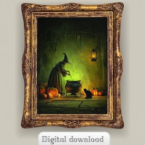 Könnte beinhalten: Gerahmter digitaler Download mit einer Hexe, die einen Kessel umrührt. Die Szene zeigt Kürbisse, Kerzen, eine schwarze Katze und eine Laterne. Der Rahmen hat eine gold-braune Oberfläche. Der Text auf dem Bild lautet "Digitaler Download".