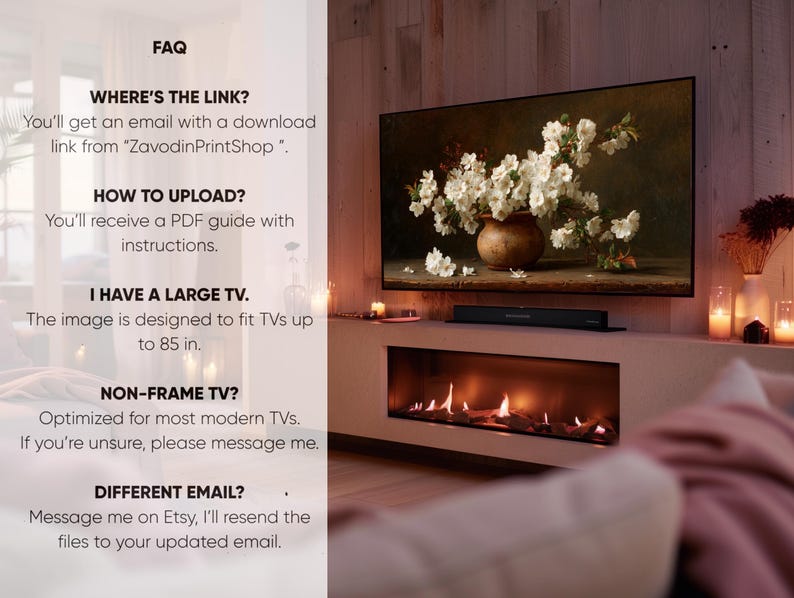 Puede incluir: Un televisor de pantalla plana grande que muestra una pintura de naturaleza muerta floral sobre una chimenea. La imagen est&aacute; dise&ntilde;ada para televisores de hasta 216 cm. La secci&oacute;n de preguntas frecuentes proporciona informaci&oacute;n sobre el enlace de descarga, las instrucciones de carga y la compatibilidad con televisores.