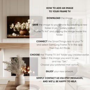 Puede incluir: Instrucciones sobre c&oacute;mo agregar una imagen a un televisor Frame. Los pasos incluyen descargar, guardar en una carpeta, conectar la aplicaci&oacute;n SmartThings, elegir la imagen y disfrutar de la obra de arte. Contacte para obtener ayuda.