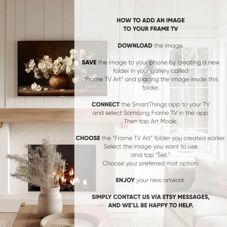 Puede incluir: Instrucciones sobre c&oacute;mo agregar una imagen a un televisor Frame. Los pasos incluyen descargar, guardar en una carpeta, conectar la aplicaci&oacute;n SmartThings, elegir la imagen y disfrutar de la obra de arte. Contacte para obtener ayuda.