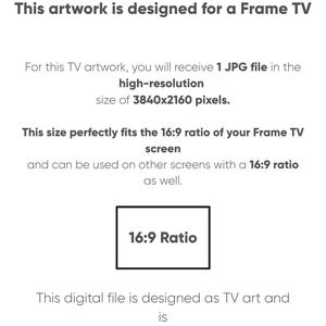 Puede incluir: Gr&aacute;fico blanco con texto: "This artwork is designed for a Frame TV." La imagen detalla un archivo JPG de alta resoluci&oacute;n, con un tama&ntilde;o de 3840x2160 p&iacute;xeles, que se adapta perfectamente a una pantalla con una relaci&oacute;n de aspecto de 16:9. El archivo est&aacute; dise&ntilde;ado como arte de TV y no es adecuado para imprimir.