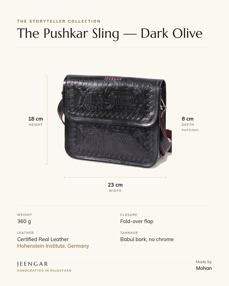 Specification card for The Pushkar Sling in dark olive: 23 cm wide, 18 cm high, 8 cm deep, 360 g, fold-over flap, full-grain leather, babul bark tannage. Made by Mohan.