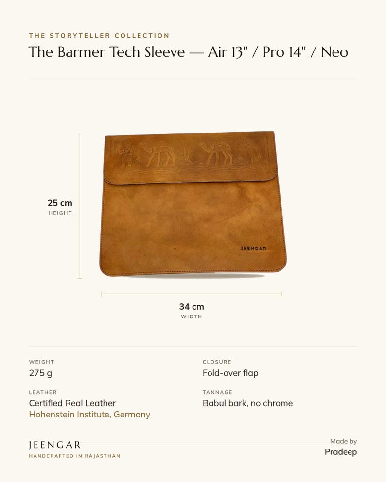 Specification card for The Barmer Tech Sleeve (Air 13"/Pro 14"/Neo): 34 cm wide, 25 cm high, full-grain leather, babul bark tannage. Made by Pradeep.