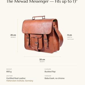 Specification card for The Mewad Messenger, fits up to 13 inch: 33 cm wide, 25 cm high, 9 cm deep, 800 g, buckled flap, full-grain leather, babul bark tannage. Made by Pradeep.