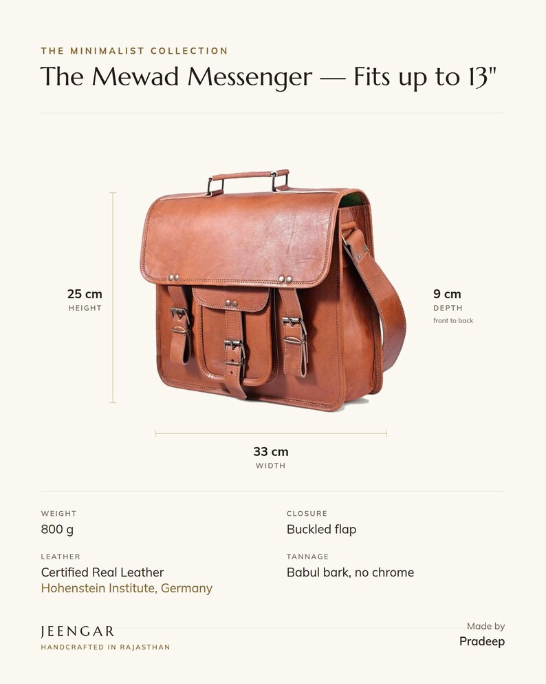 Specification card for The Mewad Messenger, fits up to 13 inch: 33 cm wide, 25 cm high, 9 cm deep, 800 g, buckled flap, full-grain leather, babul bark tannage. Made by Pradeep.