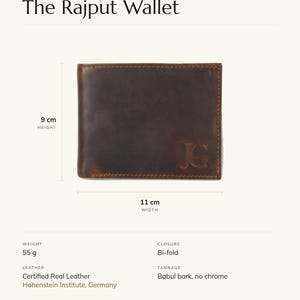 Specification card for The Rajput Wallet in brown: full-grain leather, babul bark tannage, handcrafted in Rajasthan. Made by Ravi.