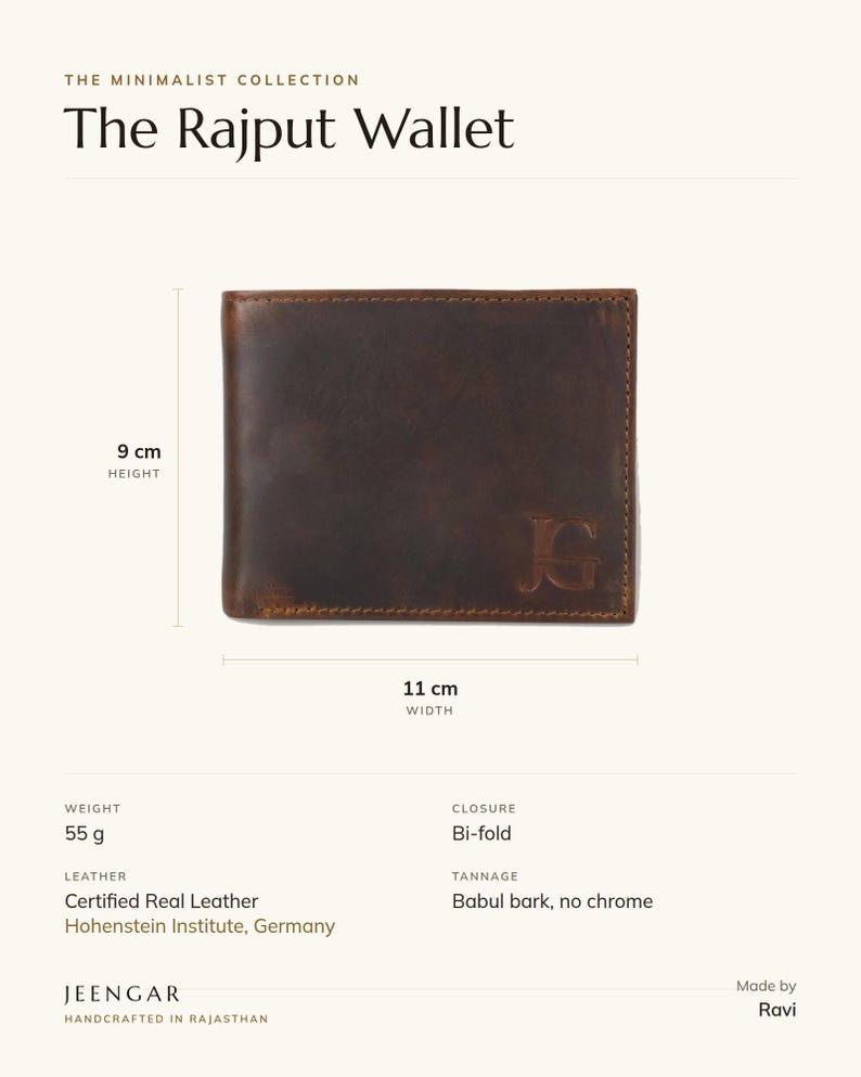Specification card for The Rajput Wallet in brown: full-grain leather, babul bark tannage, handcrafted in Rajasthan. Made by Ravi.