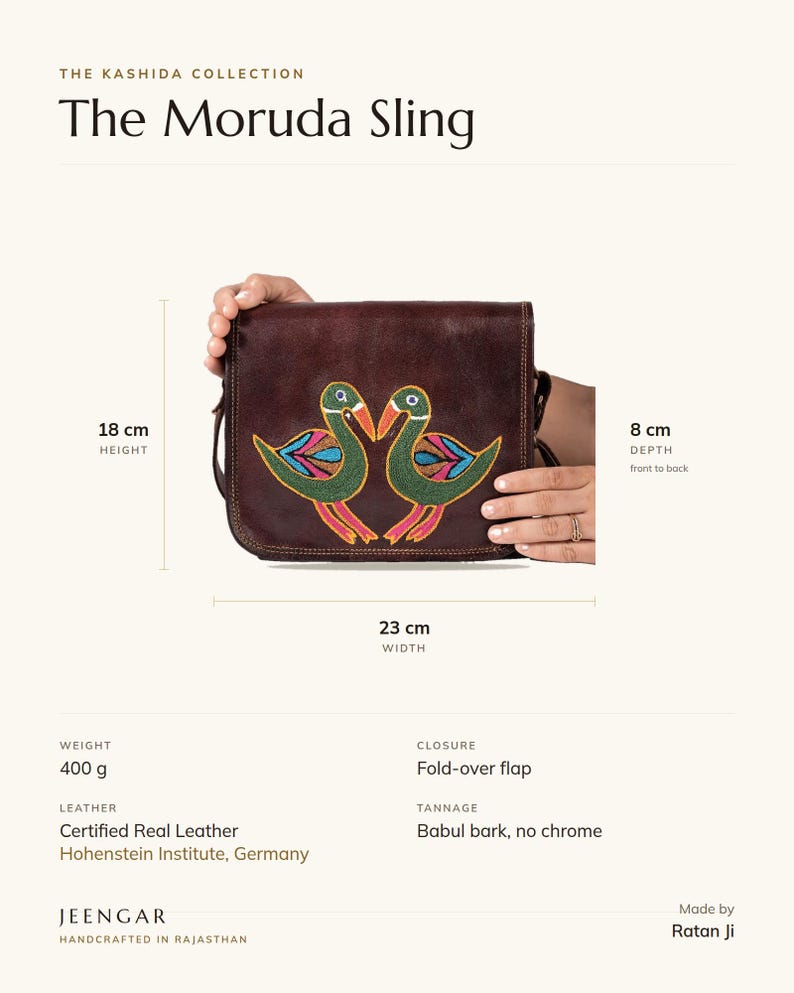 Specification card for The Moruda Sling: 23 cm wide, 18 cm high, full-grain leather, babul bark tannage. Made by Ratan Ji.