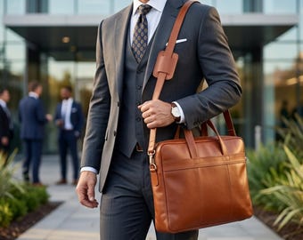 Full-Grain Goat Leather Briefcase | Minimalist Laptop Office Satchel (Personalized)|Customize gift for men and women