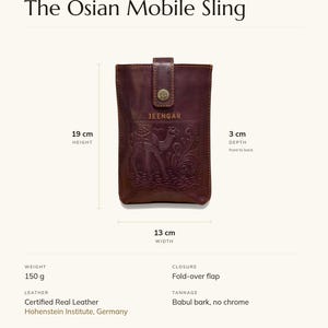 Specification card for The Osian Mobile Sling: 13 cm wide, 19 cm high, 3 cm deep, 150 g, fold-over flap, full-grain leather, babul bark tannage. Made by Pradeep.