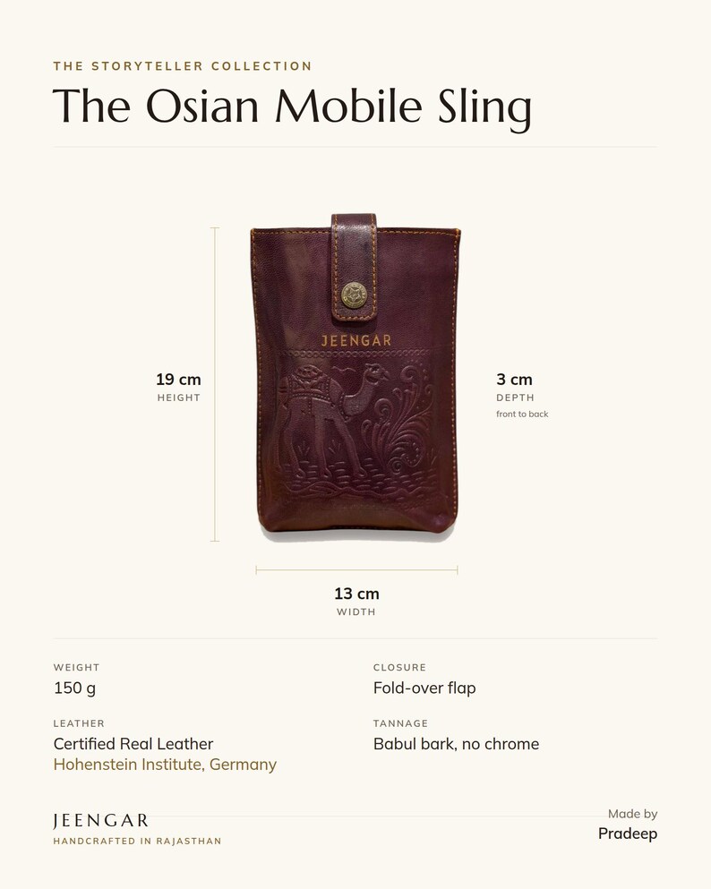 Specification card for The Osian Mobile Sling: 13 cm wide, 19 cm high, 3 cm deep, 150 g, fold-over flap, full-grain leather, babul bark tannage. Made by Pradeep.