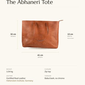 Specification card for The Abhaneri Tote: 41 cm wide, 32 cm high, full-grain leather, babul bark tannage. Made by Suresh.