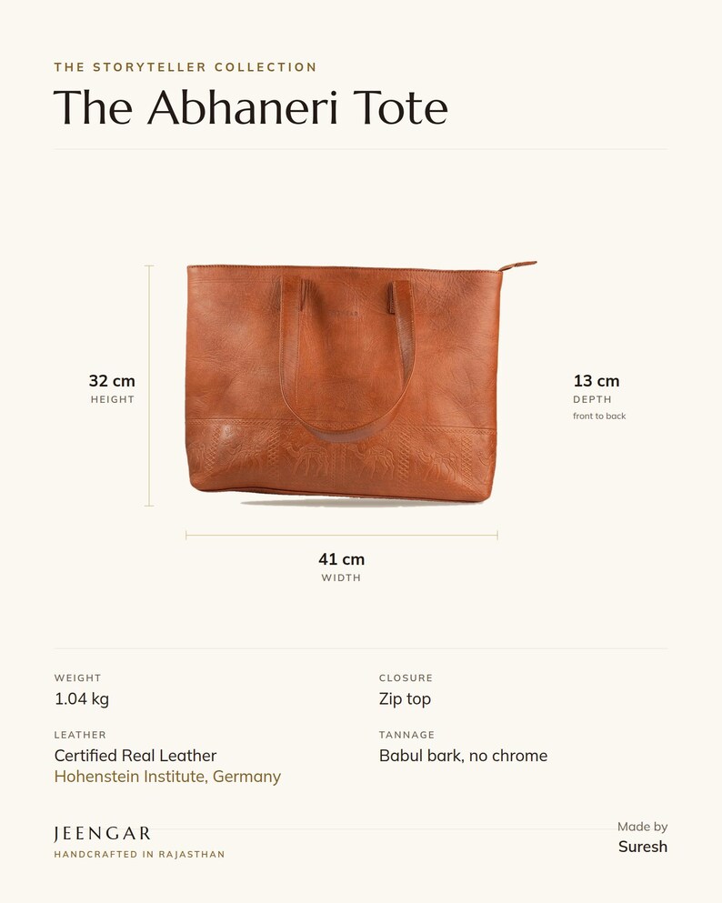 Specification card for The Abhaneri Tote: 41 cm wide, 32 cm high, full-grain leather, babul bark tannage. Made by Suresh.
