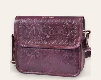 Sling Bag, Embossed Full-Grain Leather in Cherry, Pushkar Sling