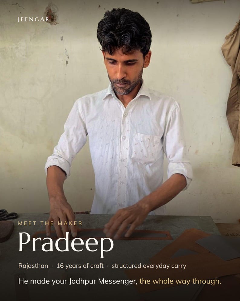 Pradeep, the Jeengar artisan who made the Jodhpur Messenger, at his bench in Rajasthan