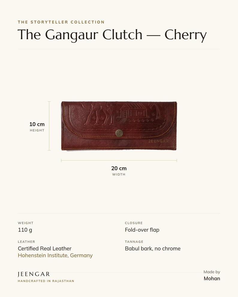 Specification card for The Gangaur Clutch in cherry: 8 inches wide, 4 inches high, full-grain leather, babul bark tannage. Made by Mohan.
