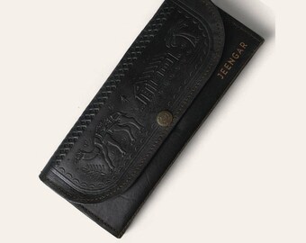 Clutch Purse in Dark Olive Full-Grain Leather with Embossed Finish, Gangaur Clutch