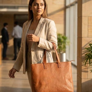 A woman carrying The Abhaneri Tote in tan leather through a sunlit office lobby (AI-generated)