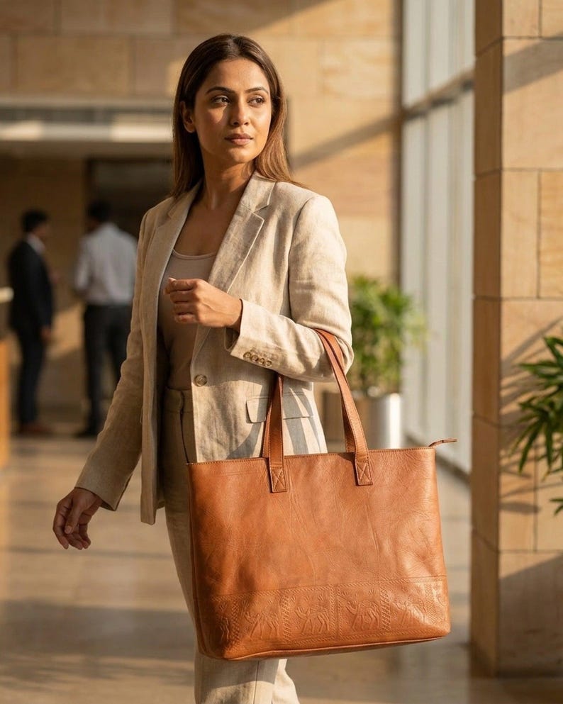 A woman carrying The Abhaneri Tote in tan leather through a sunlit office lobby (AI-generated)