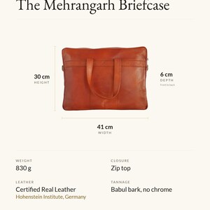 The Mehrangarh Briefcase specification card: 41 cm wide, 30 cm high, 6 cm deep, 830 g, zip top