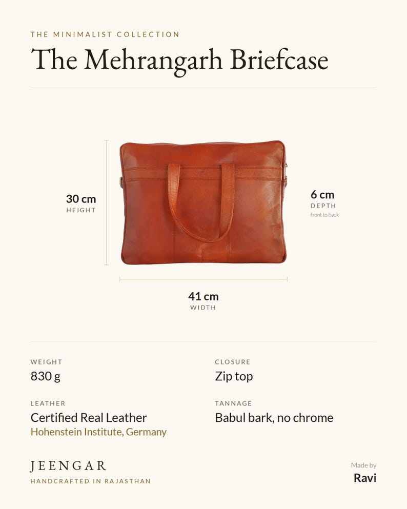 The Mehrangarh Briefcase specification card: 41 cm wide, 30 cm high, 6 cm deep, 830 g, zip top