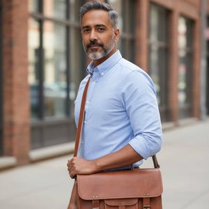 Man wearing The Mewad Messenger cross-body on a city street (AI-generated)