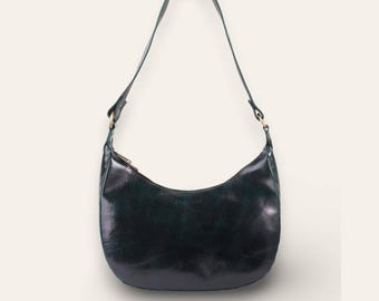 Shoulder Bag in Polished Full-Grain Dark Olive Goat Leather, Ranisar