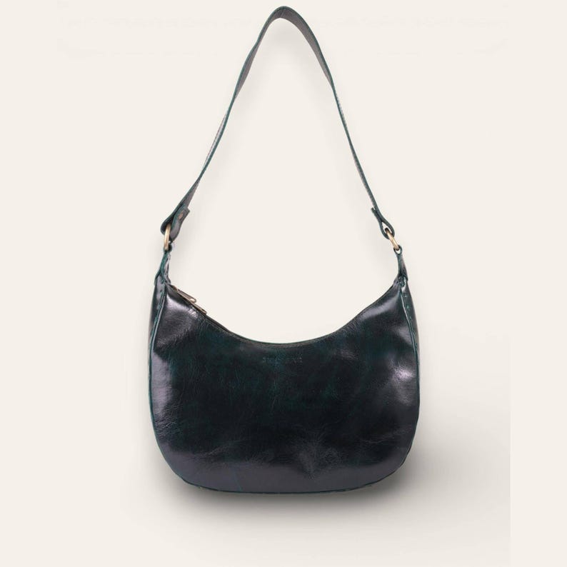 The Ranisar Shoulder Bag in Dark Olive, crescent leather shoulder bag, front view