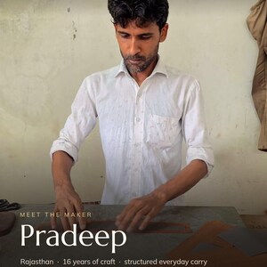 Pradeep, the Jeengar artisan who made the Mewad Messenger, at his bench in Rajasthan