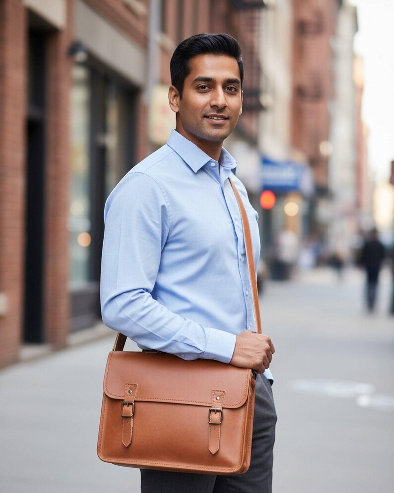 Man wearing The Jodhpur Messenger cross-body on a city street (AI-generated)