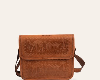 Sling Bag in Tan Full-Grain Leather with Embossed Finish, Pushkar Sling