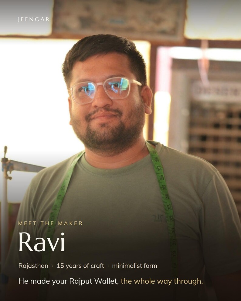 Ravi, the Jeengar artisan who made the Rajput Wallet, in the workshop in Rajasthan