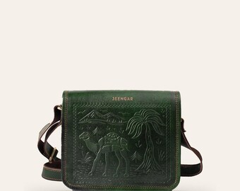 Leather Sling Bag, Forest Green Full-Grain Embossed Leather, Jaisalmer Sling
