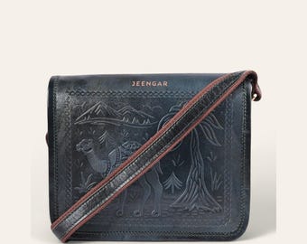 Leather Sling Bag in Dark Olive Full-Grain Embossed Leather, Jaisalmer Sling