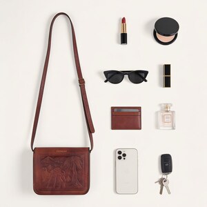 What The Jaisalmer Sling holds in Cherry: a lipstick, a powder compact, sunglasses, a cardholder, a perfume bottle, a phone and keys laid out beside the bag (AI-generated)