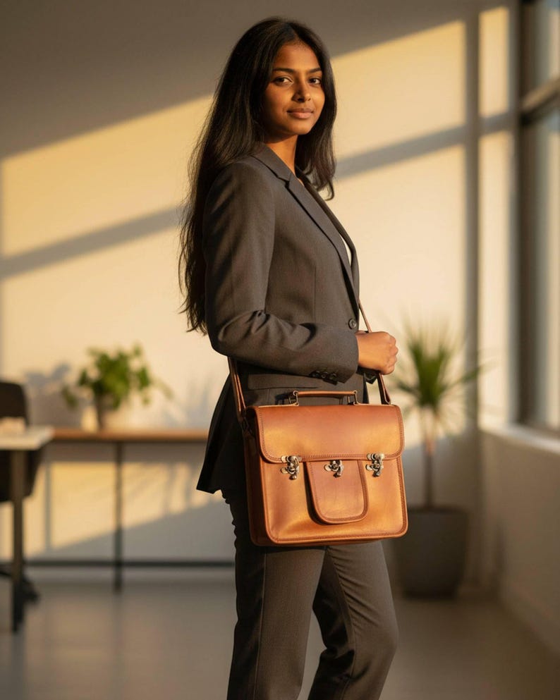 A woman wearing The Malani Messenger crossbody, natural-brown leather messenger (AI-generated)