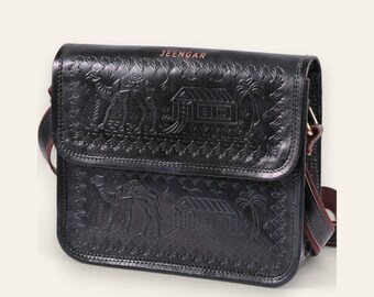 Sling Bag, Embossed Full-Grain Leather in Dark Olive, Pushkar Sling