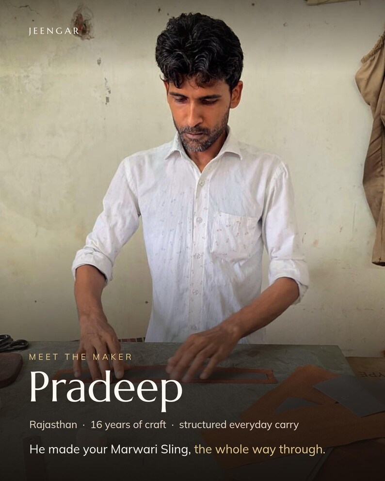 Pradeep, the Jeengar artisan who made the Marwari Sling, at his bench in Rajasthan