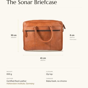 Specification card for The Sonar Briefcase: 41 cm wide, 30 cm high, full-grain leather, babul bark tannage. Made by Suresh.