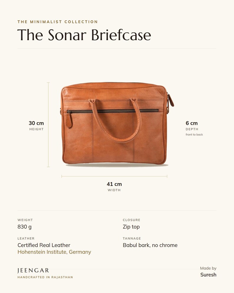 Specification card for The Sonar Briefcase: 41 cm wide, 30 cm high, full-grain leather, babul bark tannage. Made by Suresh.