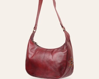 Curved Hobo Shoulder Bag in Certified Real Leather, Deep Cherry, Moomal