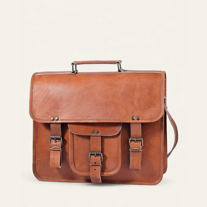 The Mewad Messenger, handcrafted leather messenger, front view