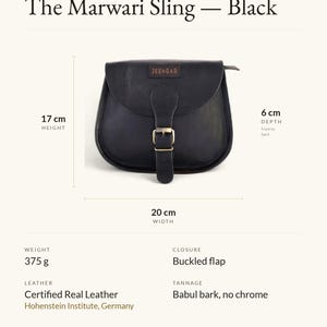 Specification card for The Marwari Sling in Black: 20 cm wide, 17 cm high, 6 cm deep, 375 g, buckled flap, full-grain leather, babul bark tannage. Made by Pradeep.