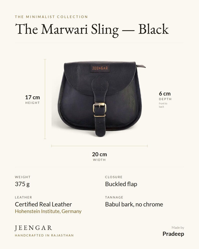 Specification card for The Marwari Sling in Black: 20 cm wide, 17 cm high, 6 cm deep, 375 g, buckled flap, full-grain leather, babul bark tannage. Made by Pradeep.