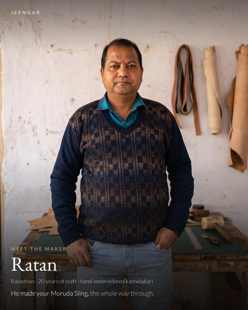 Ratan, the Jeengar artisan who made the Moruda Sling