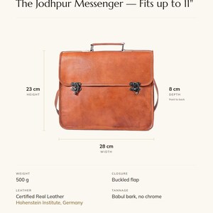 Specification card for The Jodhpur Messenger, fits up to 11 inch: 28 cm wide, 23 cm high, 8 cm deep, 500 g, buckled flap, full-grain leather, babul bark tannage. Made by Pradeep.